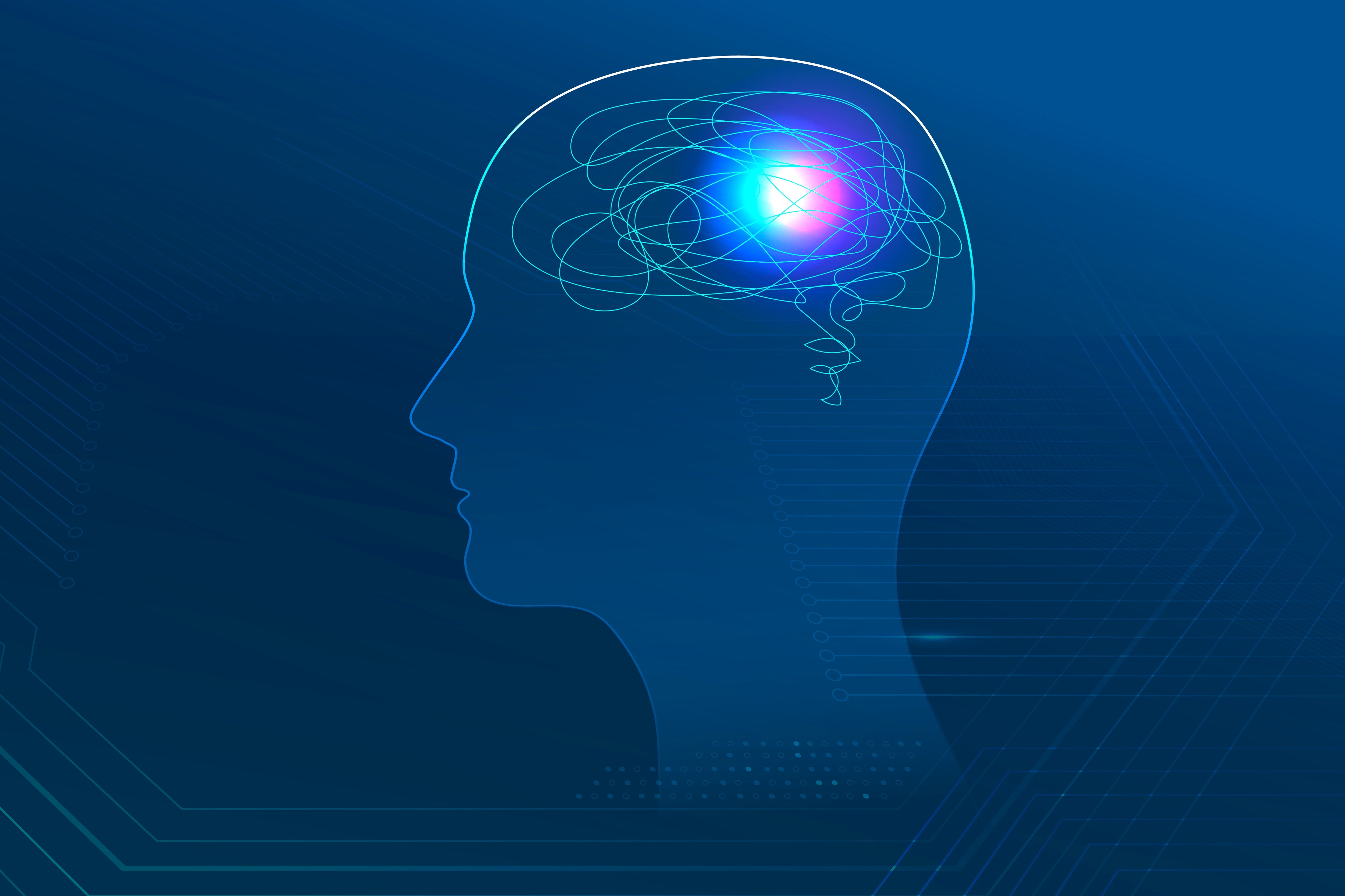 Side-profile silhouette with a glowing point at the head