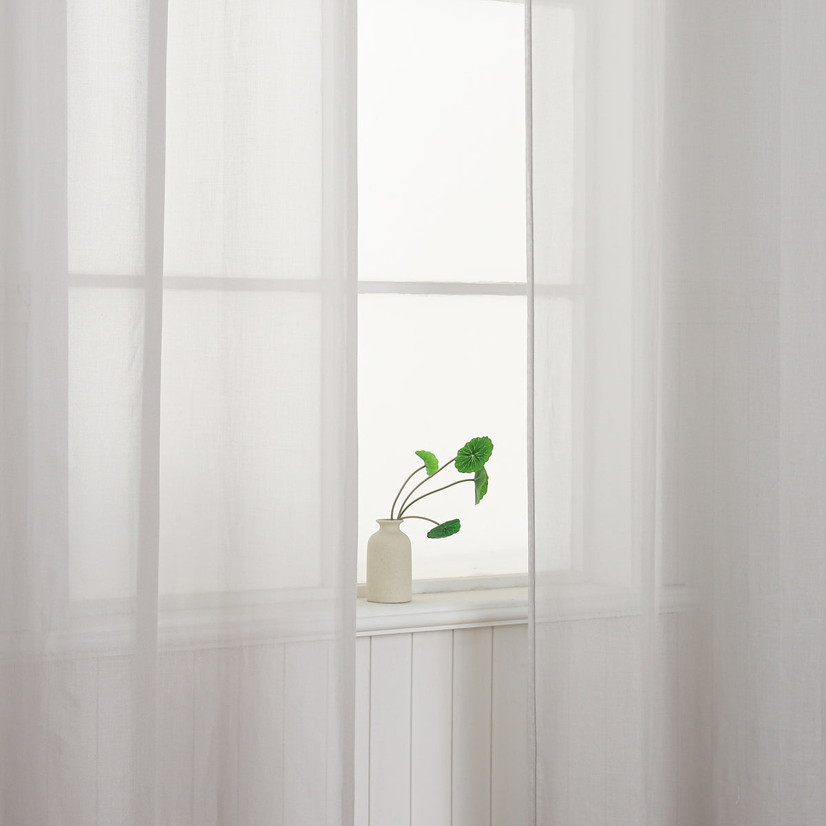 Light passing through curtain panels beside a window
