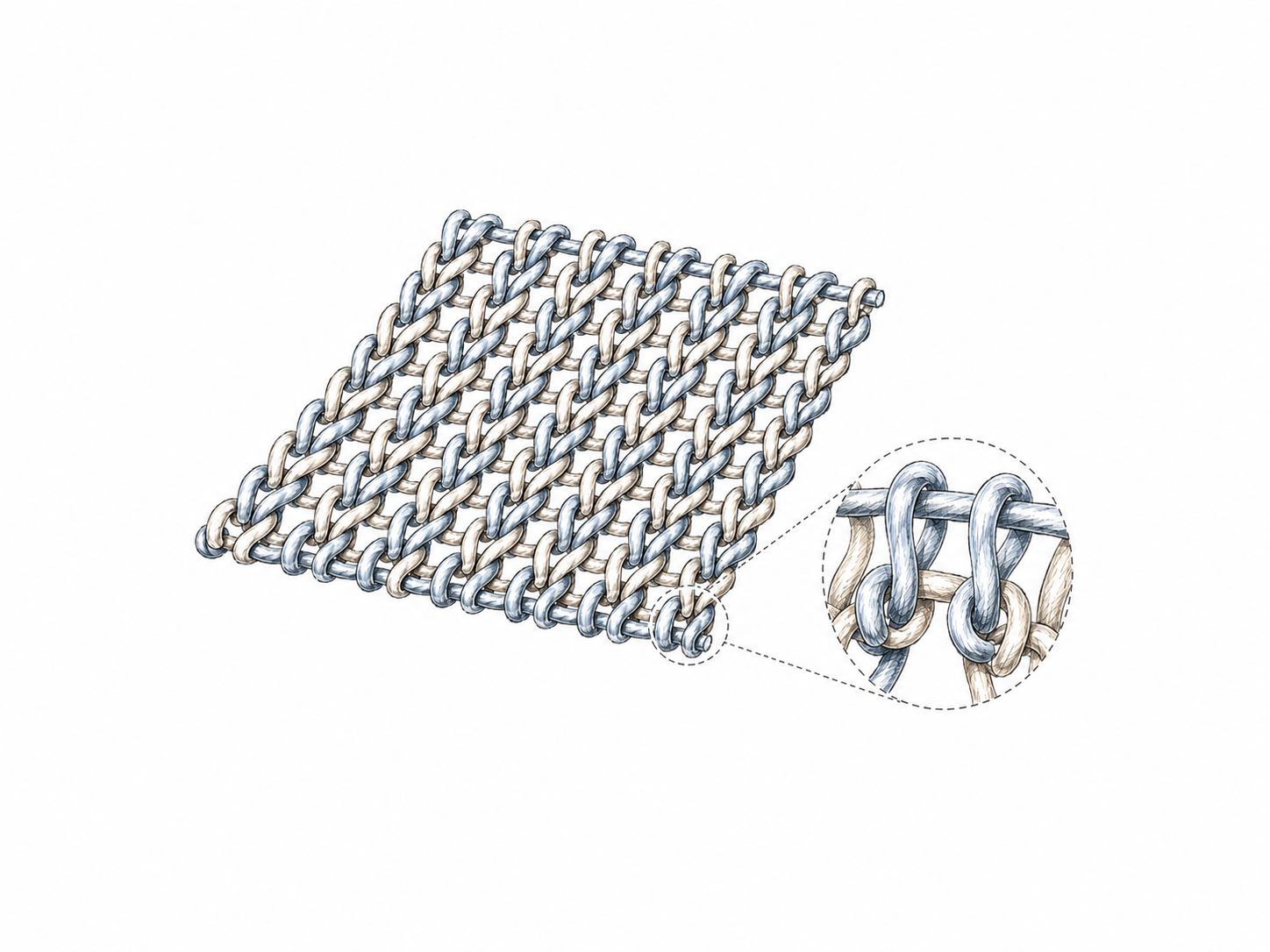 Silver-gray knitted textile macro showing continuous interlocking loops