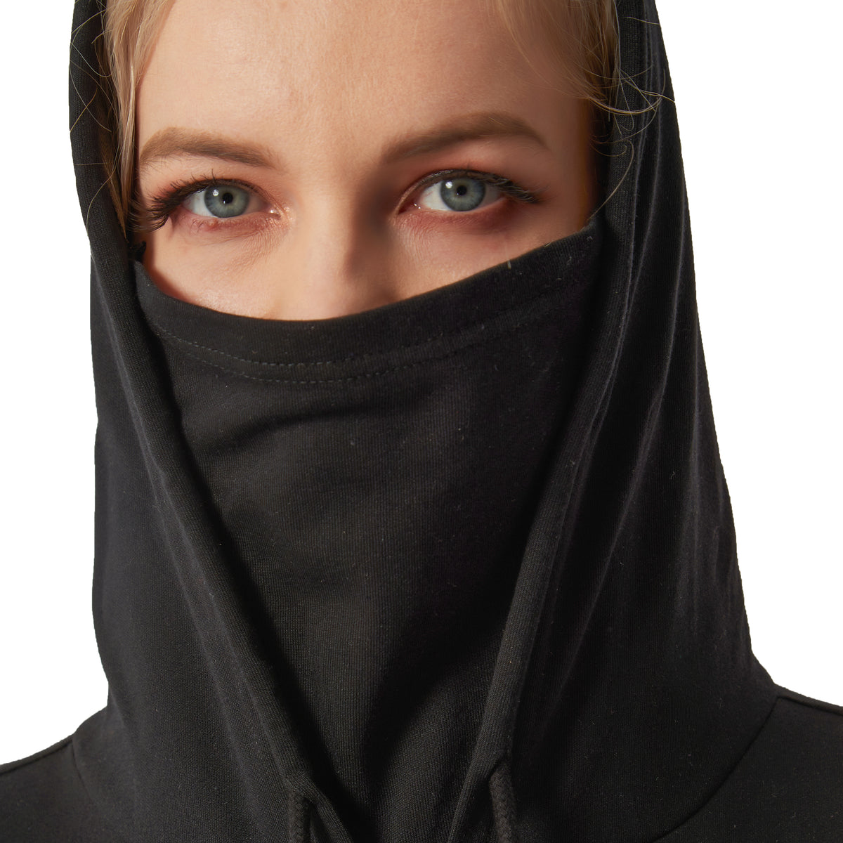 Black hoodie with hood and attached face mask raised, close-up