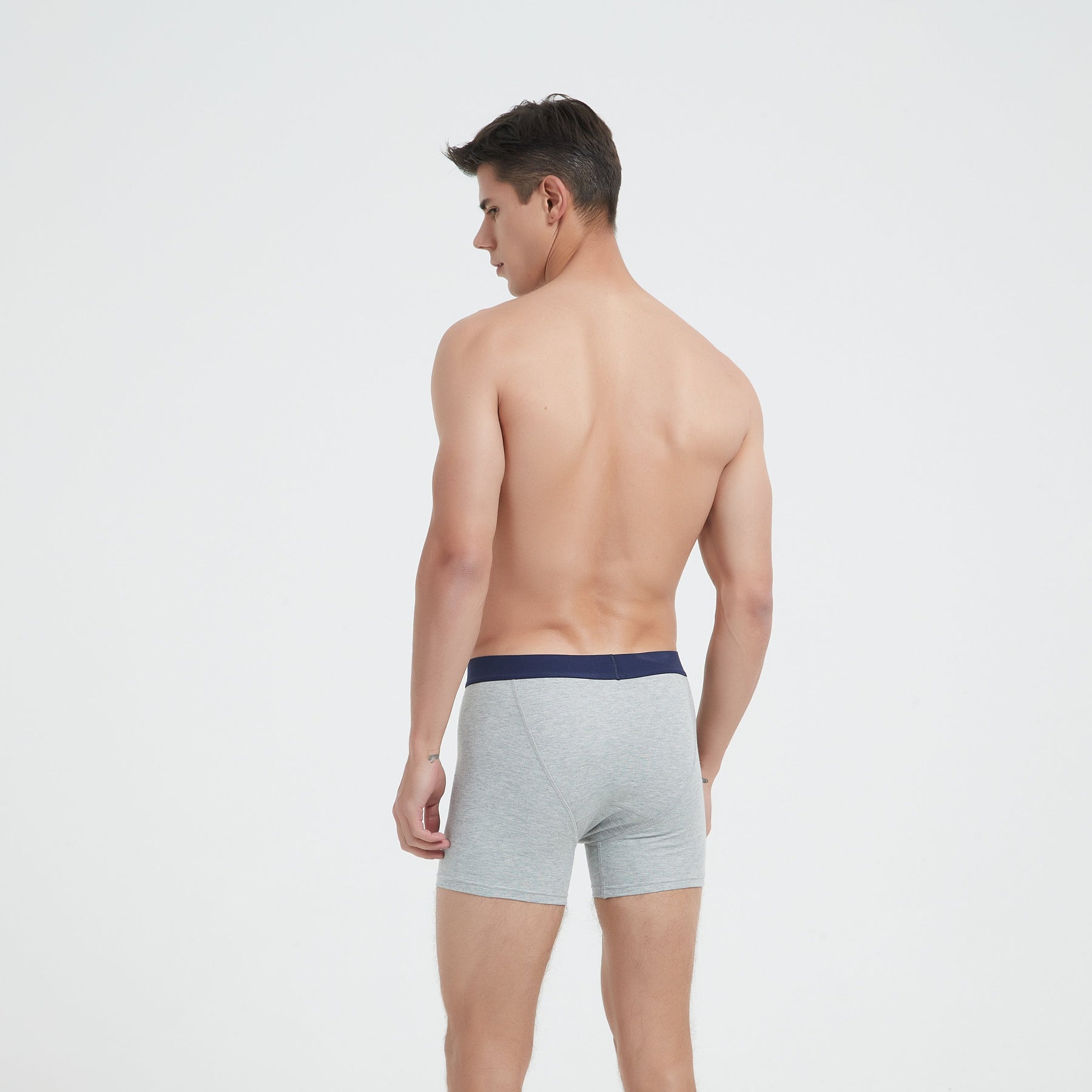 Back side view of EMF shielding underwear boxer brief in heather grey