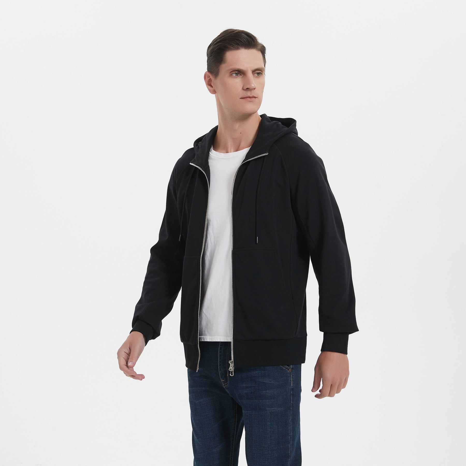 EMF Shielding Hoodie in XL size fitted by a tall male model. It is perfectly fit.