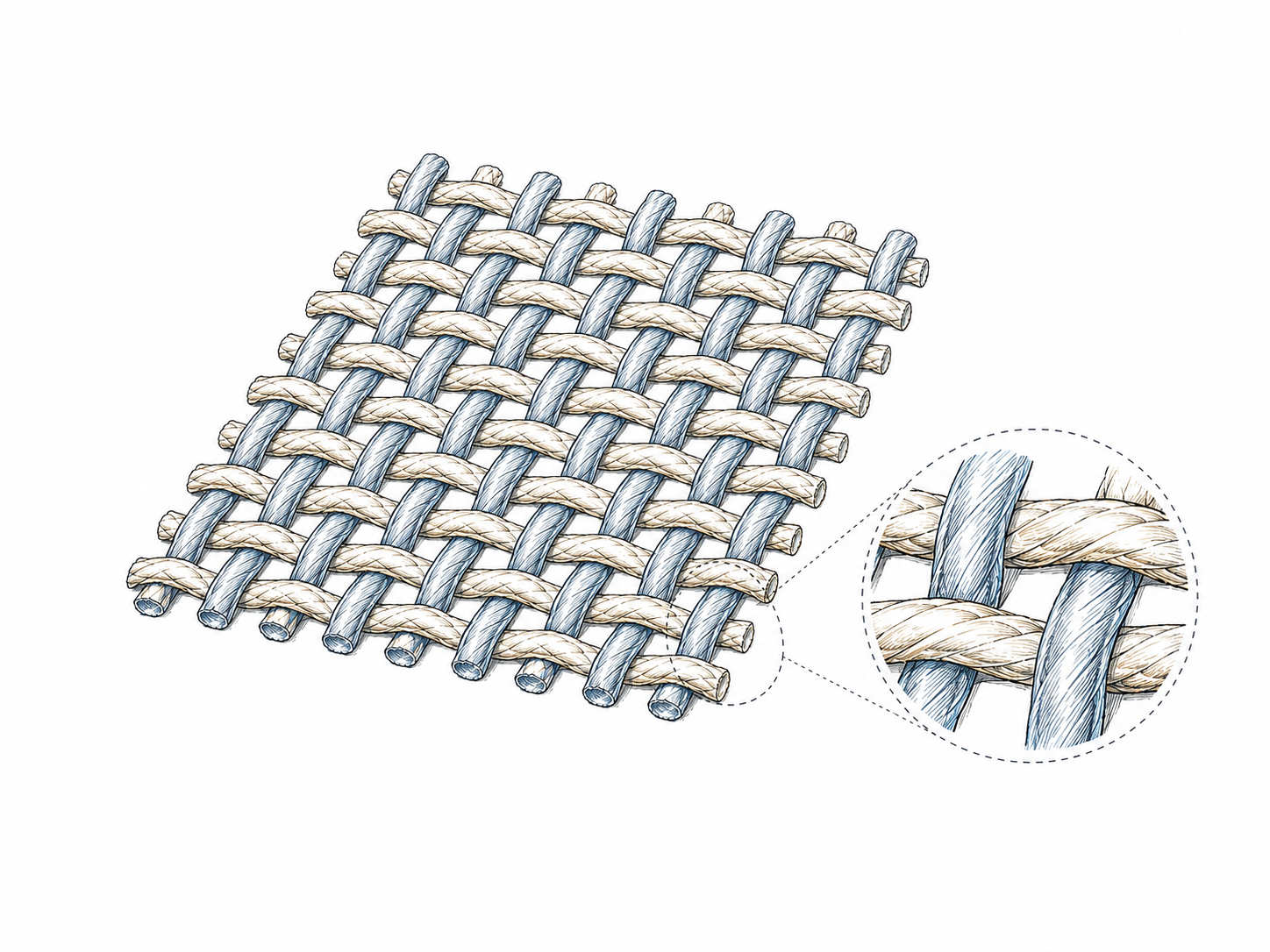Silver-gray woven textile macro showing interlaced warp and weft yarns