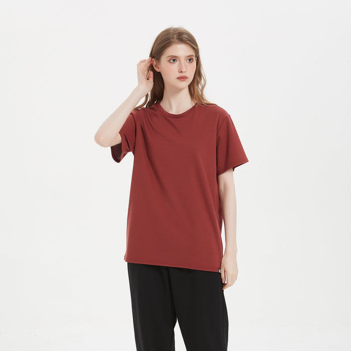 Woman modeling a red silver-fiber conductive crew neck T-shirt