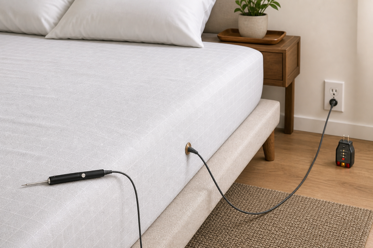 Grounding fitted sheet with reinforced snap and ground-only cord, with a socket tester and product tester positioned for setup verification
