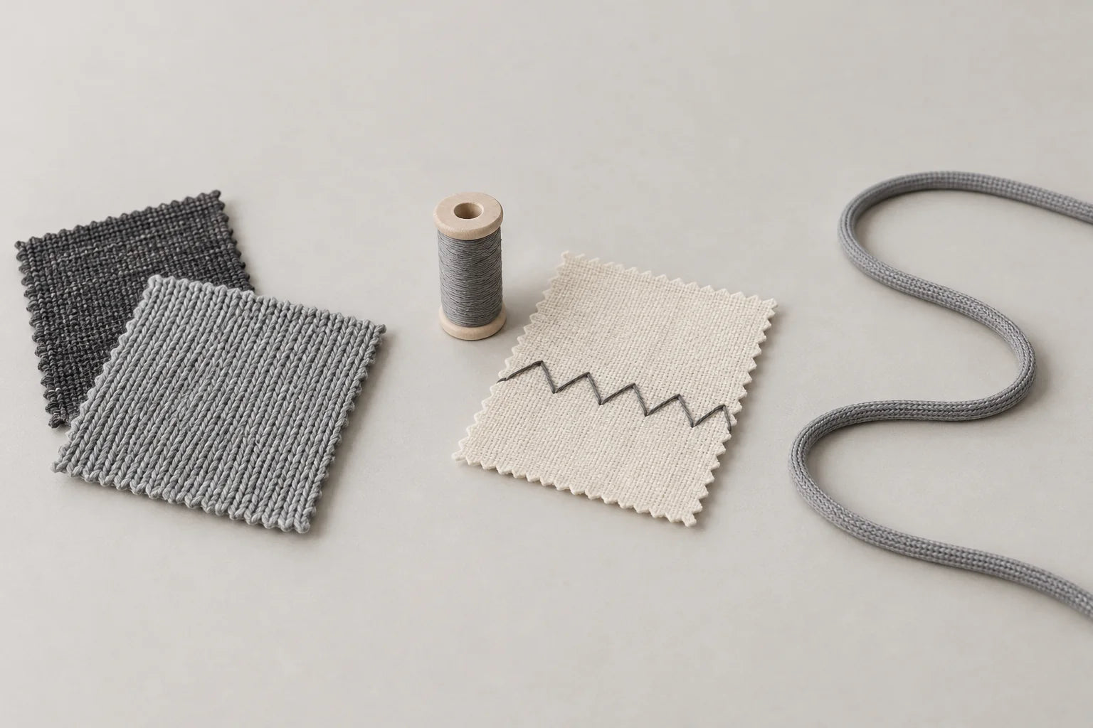 Concept illustration of fabric swatches, a thread spool and a stitched fabric route, and a flexible textile-covered cord.